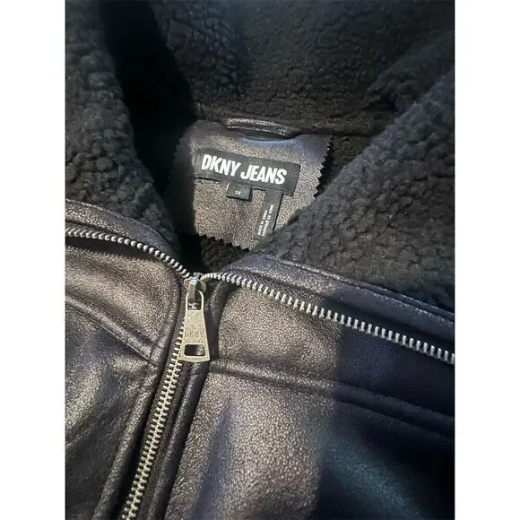 DKNY Women's Black Faux Suede Sherpa Lined Moto Jacket Size 1X - Picture 6 of 10